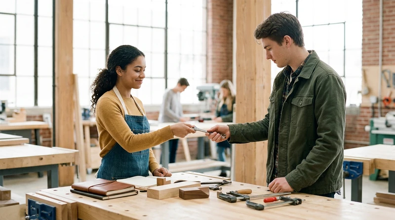 A pair of coworkers handing off a tool in a bright workshop setting