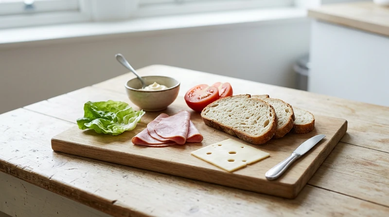 A few sandwich ingredients laid out on a wooden board with one missing