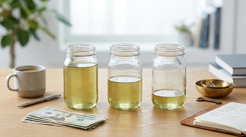 Three glass jars filled with progressively less liquid — one nearly full, one half full, one with a small amount — labeled current, quick, and cash