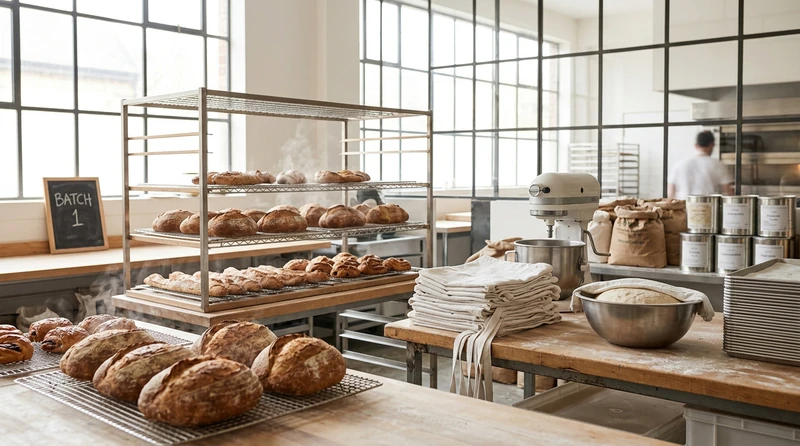 A small bakery kitchen with fresh bread on cooling racks