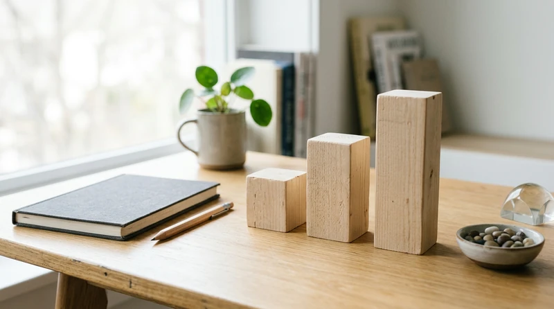 Three wooden blocks of different heights lined up on a desk