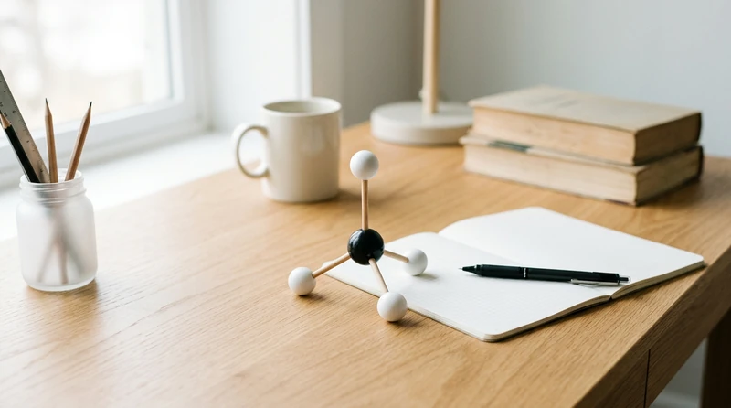 A 3D ball-and-stick model of a tetrahedral molecule on a study desk