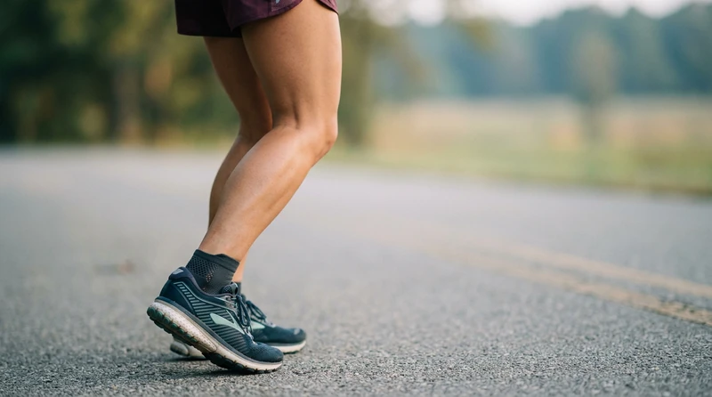 A close-up of a runner's calf and shoe at the start of a road in soft daylight