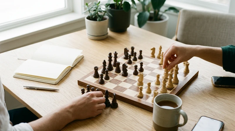 A close-up of a chessboard mid-game with two players' hands resting beside the board