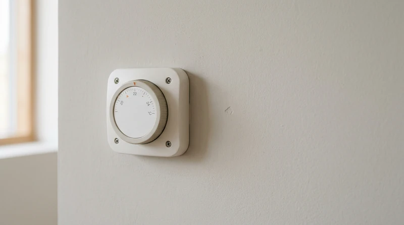 A minimal close-up of a thermostat dial on a plain wall in soft daylight