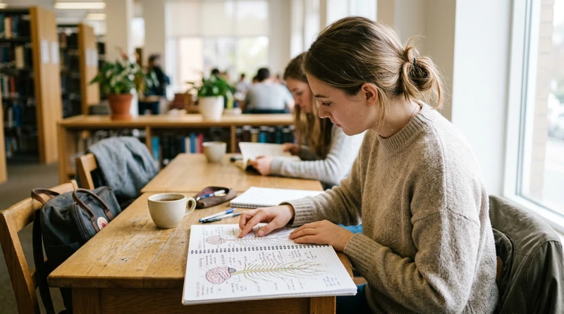 A college student tracing a finger across an anatomy diagram in a bright study space