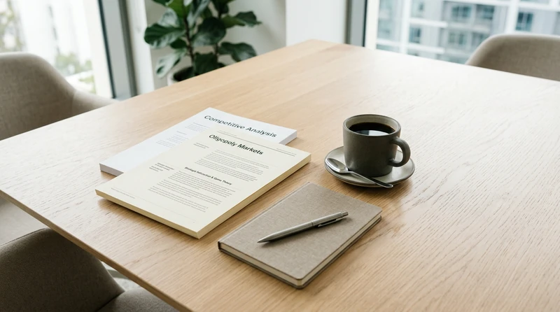 Two business documents and a coffee cup on a conference room table viewed from above