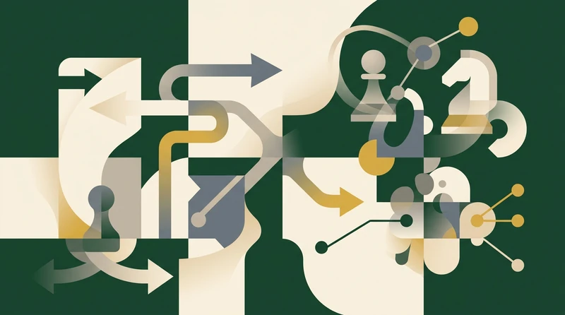 An abstract composition of intersecting decision arrows and chess-like pieces on a clean backdrop
