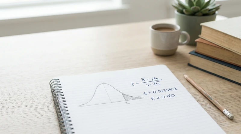 A t-distribution curve with a shaded tail region on lined paper