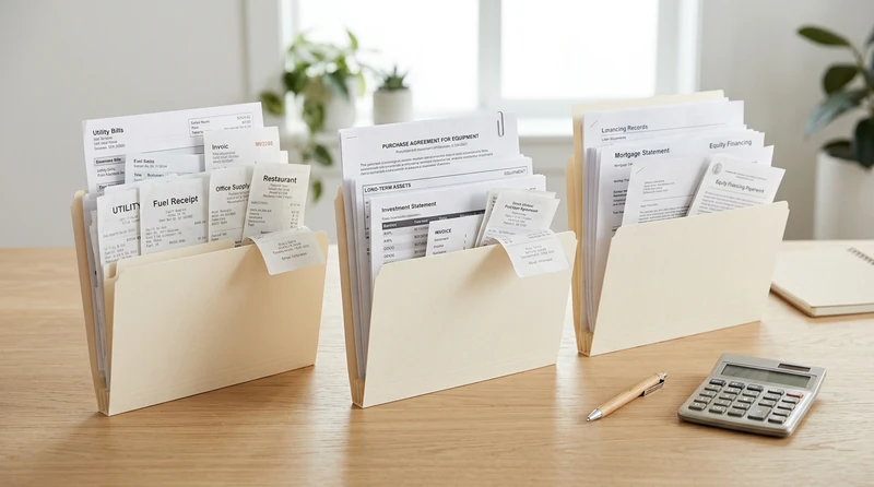A flat lay of three labeled folders on a desk sorting receipts into operating, investing, and financing piles