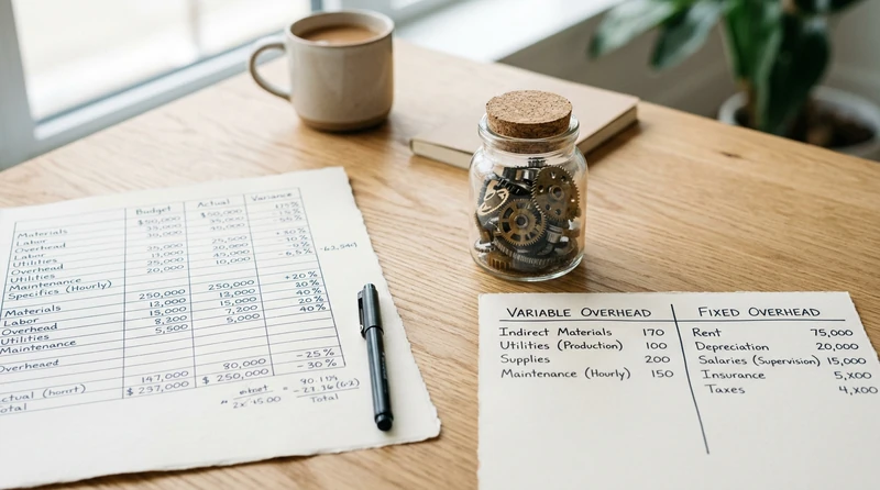 A magazine-style flat lay of a budget spreadsheet beside a small jar of cogs and a chart marked variable and fixed