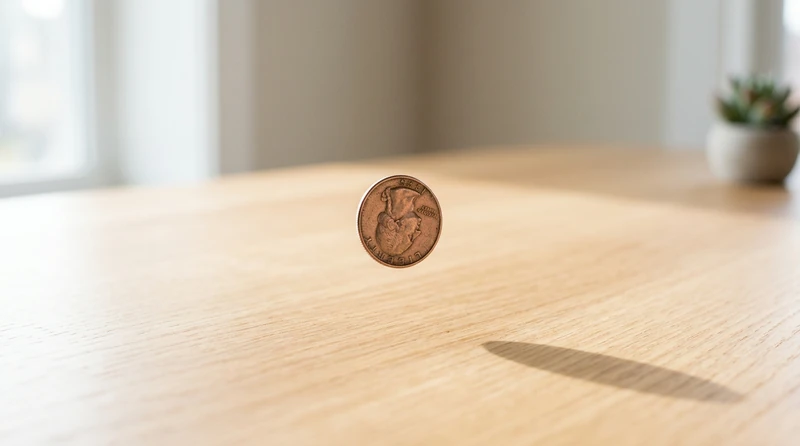 A single coin mid-flip casting a long shadow on a plain surface