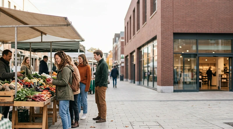 A busy farmers market contrasted with a single large storefront