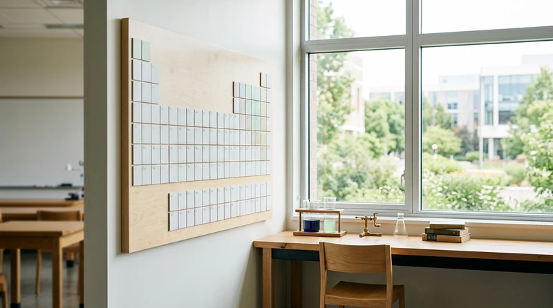 A modern wall-mounted periodic table in a bright classroom