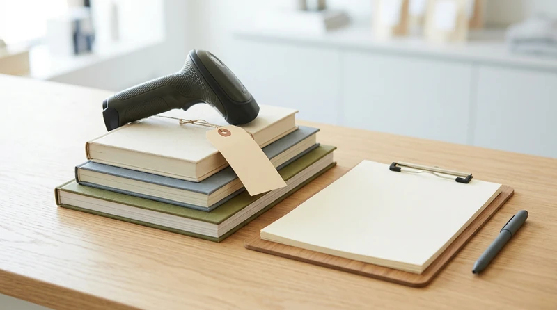 A barcode scanner over a stack of books on a counter next to a clipboard with a physical count sheet