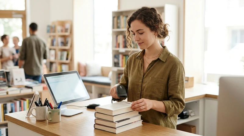 A retail clerk scanning a barcode on a stack of books at a tidy storefront counter