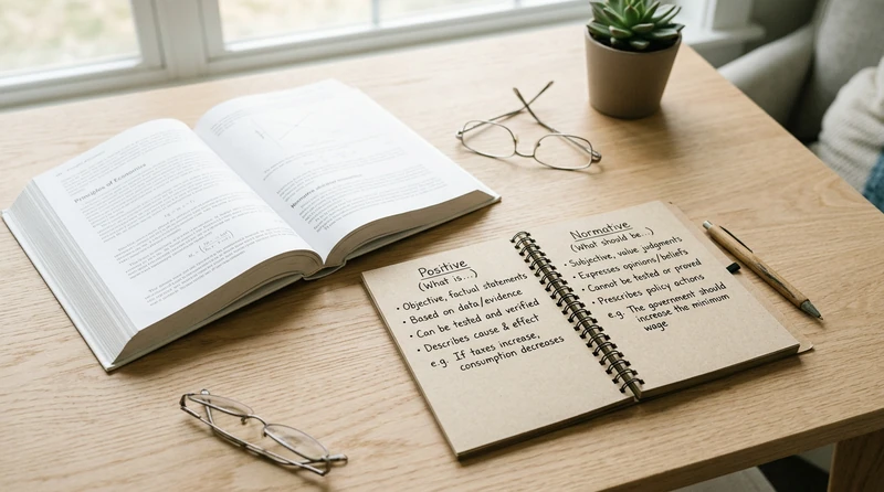An open economics textbook beside a notebook with a list of pros and cons being written out by hand