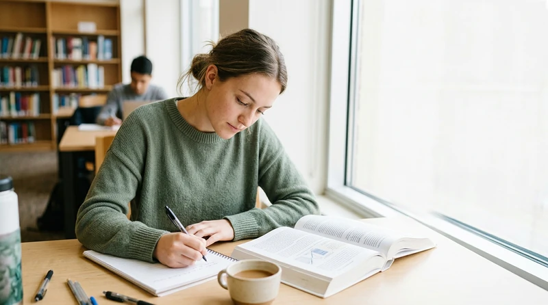 A student at a sunlit desk writing in a notebook with an economics textbook open beside them