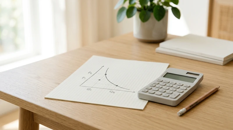 A demand curve on graph paper with two labeled points and a calculator