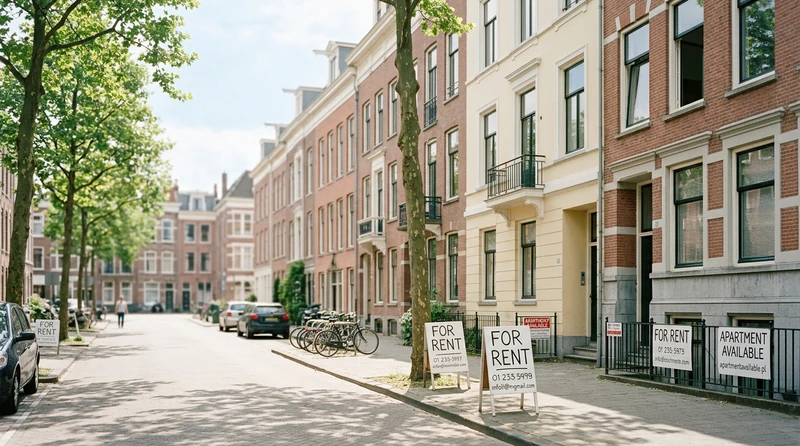 A neighborhood of apartment buildings on a quiet city street with rental signs in the windows
