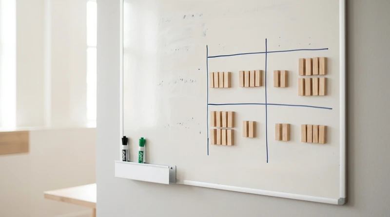 A two-by-two payoff matrix drawn on a whiteboard with strategy labels