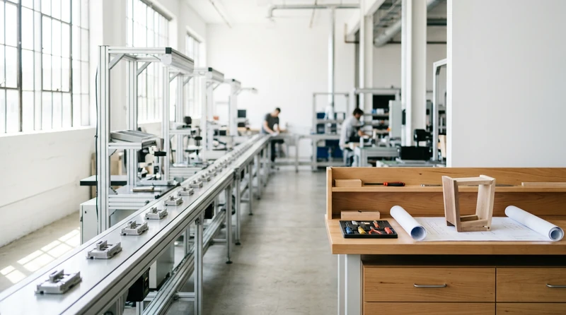 A manufacturing facility contrasting a custom workbench with a production line