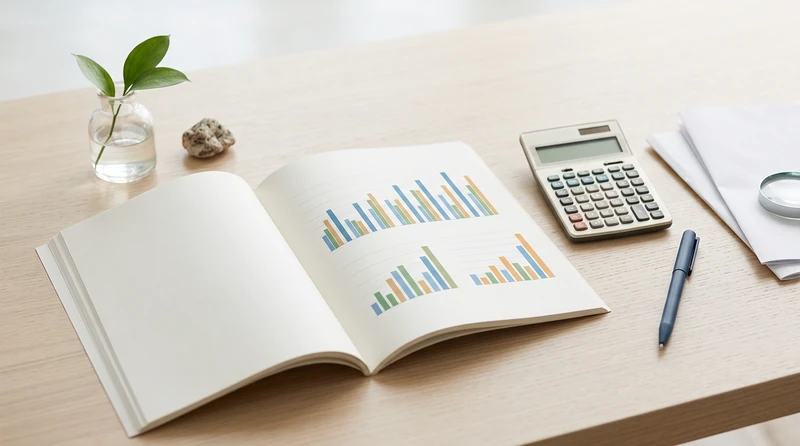 A magazine flat lay of an annual report opened to a page of bar charts with a calculator and a pen