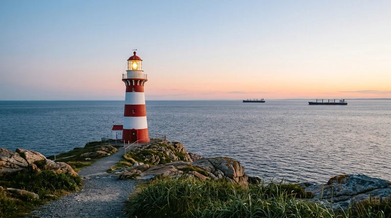 A coastal lighthouse at dusk with two cargo ships passing in the distance