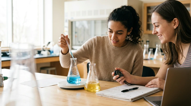Two clear flasks on a lab bench with a stopwatch and notebook nearby in soft daylight