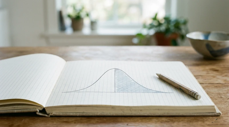 A symmetric bell-shaped curve drawn on grid paper with one region shaded