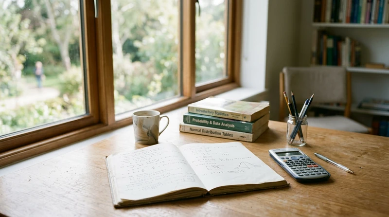 A calm study desk by a window with statistics tables and a calculator
