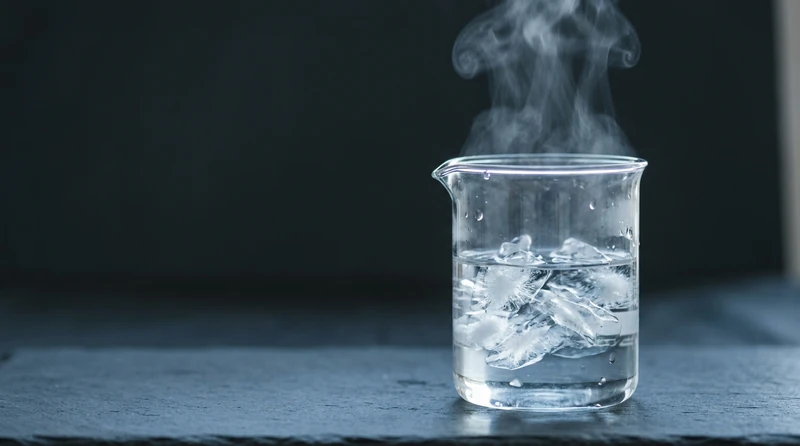 Ice, water and rising steam together against a dark background