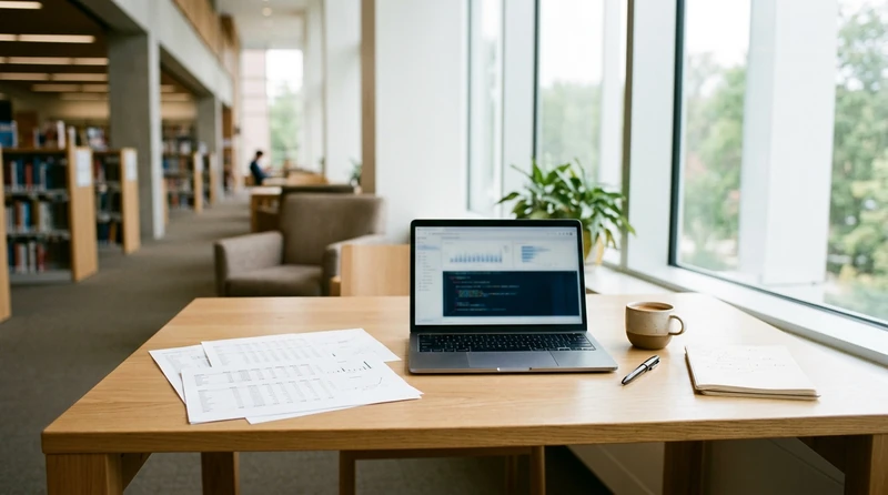 A quiet study desk with printed statistical tables and a laptop showing data