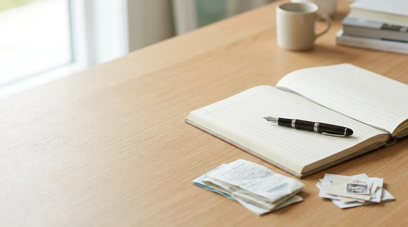 A clean two-column ledger page on a desk with a fountain pen and small stacks of receipts