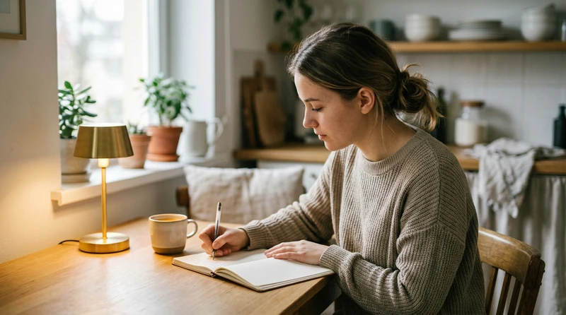 A college student practicing journal entries at a kitchen table with a notebook