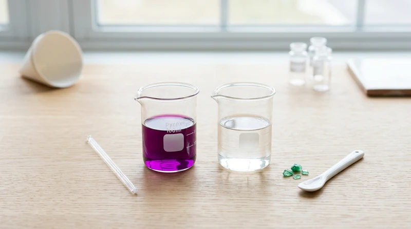 A pristine purple potassium permanganate solution in a beaker beside a glass of clear iron sulfate solution