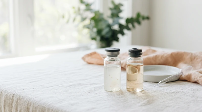 A clean still life of two laboratory glass vials on a white surface in soft light