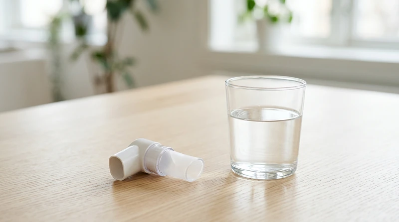 A clean still life of a spirometer mouthpiece and a glass of water on a bright surface