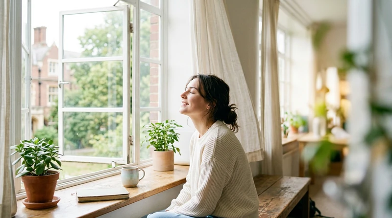 A relaxed lifestyle scene of a person breathing deeply by an open window in calm daylight