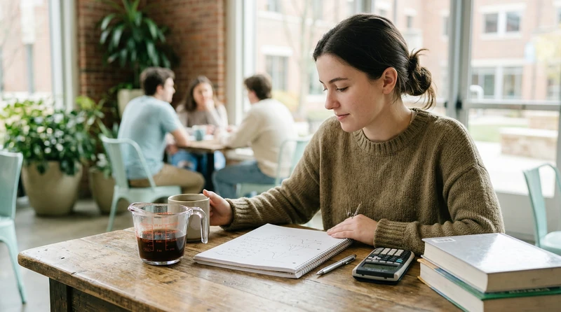 A measuring cup of coffee beside a notepad with figures jotted down