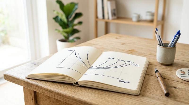 A neat hand-drawn cost-curve graph in an open notebook with several U-shaped curves and a smooth envelope
