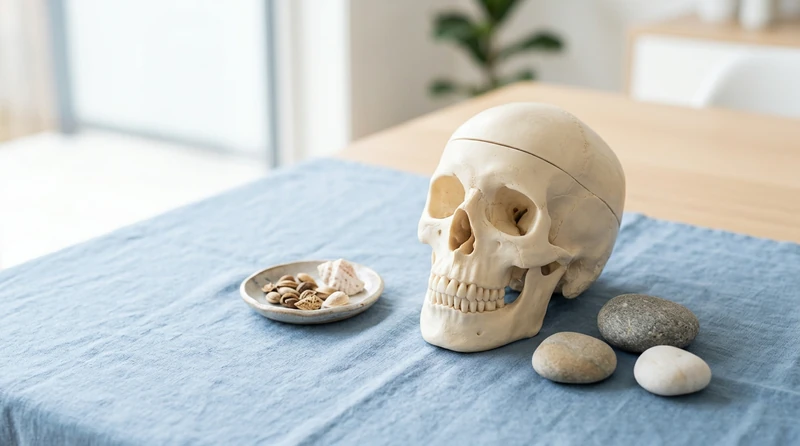 A close-up of a clean anatomical model of a human skull on a soft blue background