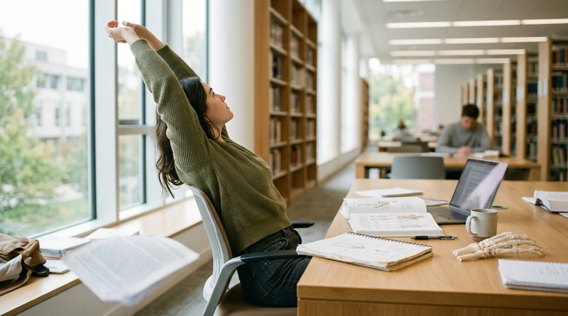 A college student stretching at a sunlit desk in a bright study space