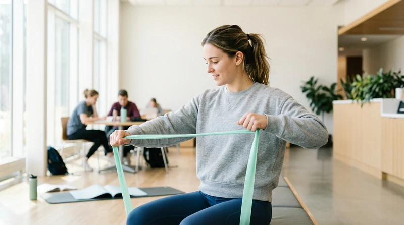 A college student doing a light resistance exercise in a bright room