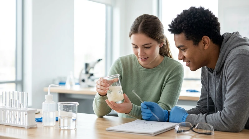 A precipitate forming as two clear solutions are mixed in a beaker