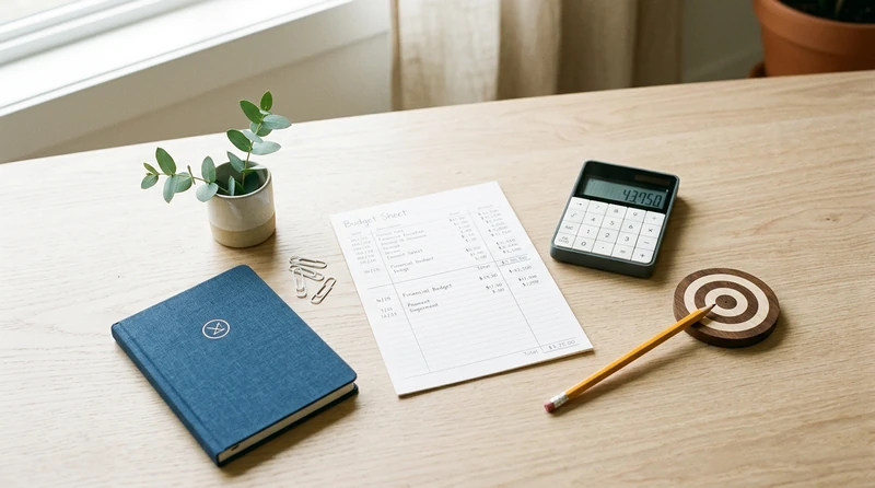 A magazine-style flat lay of a budget sheet, a calculator, and a pencil arrow pointing to a target
