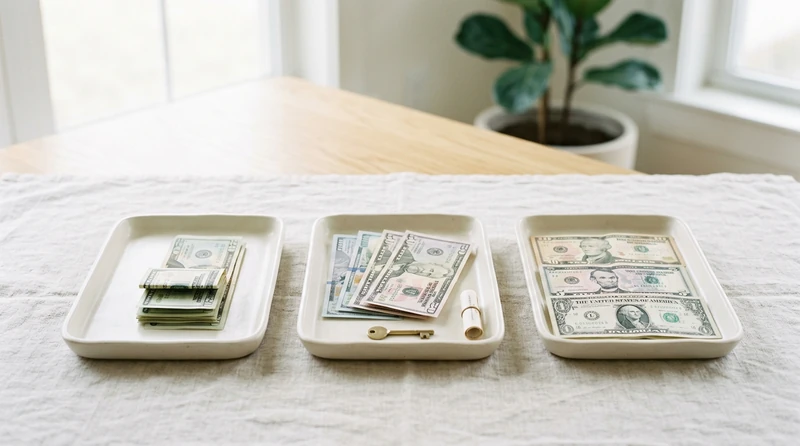 A magazine flat lay of three labeled trays sorting paper money into operating, investing, and financing piles