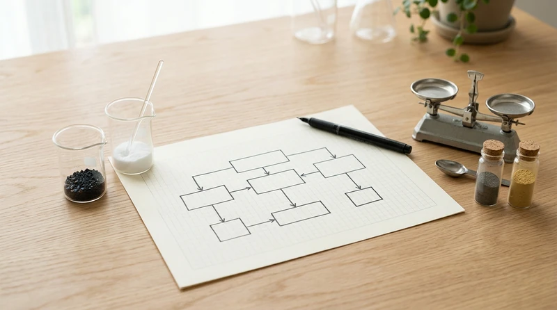 A simple hand-drawn flowchart diagram on graph paper with arrows connecting boxes