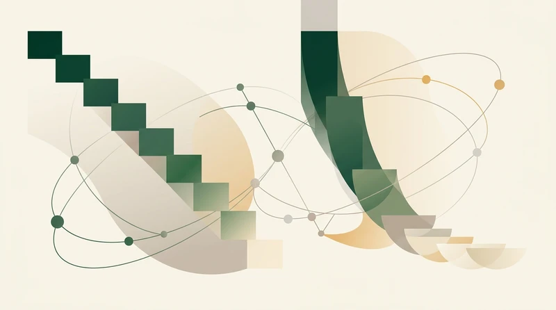 An abstract composition showing one line stepping down evenly and another line curving down steeply at first then flattening
