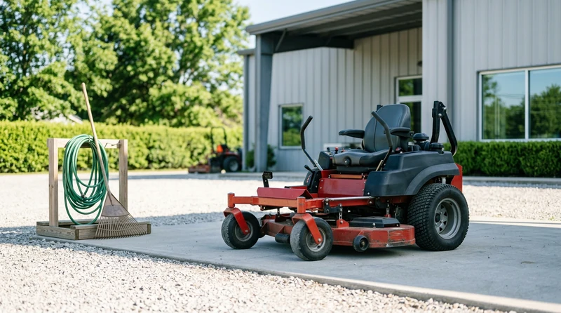 A commercial mower in a tidy equipment yard at sunrise